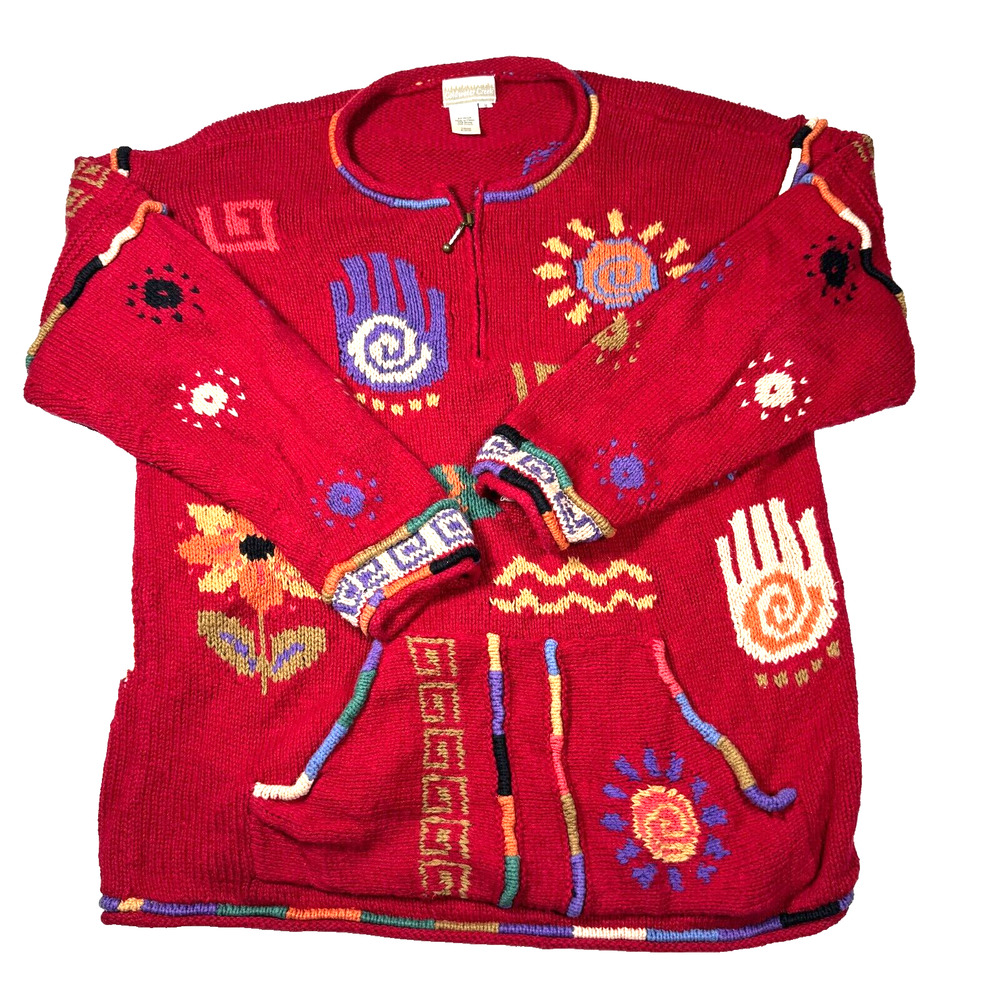Coldwater Creek Pullover Sweater Size Medium Red Multi Funky Kangaroo Pouch